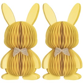 KI Store Yellow Paper Bunny Figurines 8-Inch 2pcs Honeycomb Rabbit Figures for Dessert Table Decor Tiered Tray Kids Party Favors Gifts