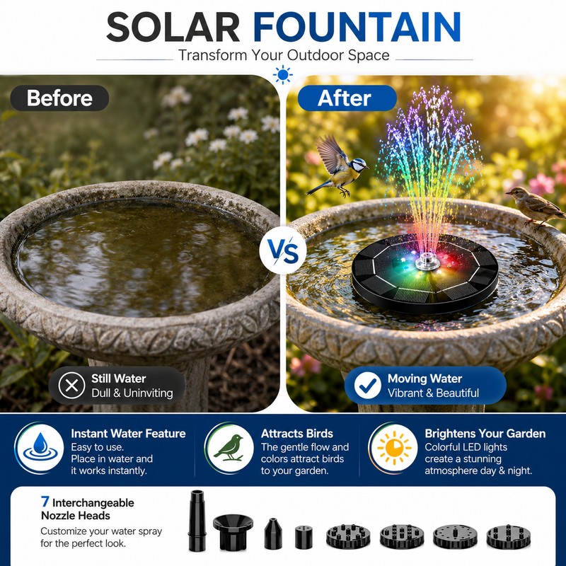 Solar Fountain Pump with LED Lights for Garden Ponds –