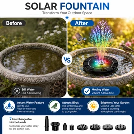 Solar Fountain Pump with LED Lights for Garden Ponds – Floating Water Feature with 9 Nozzles