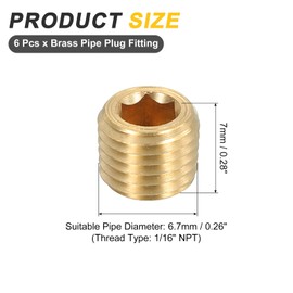 sourcing map 6Pcs Brass Pipe Plug Fitting, 1/16" NPT Male Hex Counter Sunk Plug, Internal Thread Socket Pipe Plug for Closing the End of Pipe, Air Tanks