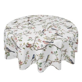 Aytipun Spring Round Tablecloth 60 Inch, Watercolor Floral Birds Summer Farmhouse Washable Polyester Table Cover for Indoor Kitchen Party Dinner Decor, Green Pink White