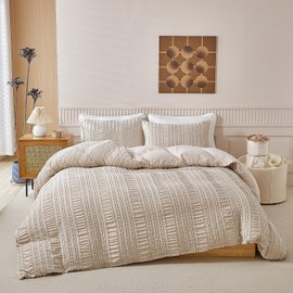 YASMENG Seersucker Bed Linen 135 x 200 cm Beige Striped Tufted Seersucker Bed Linen Boho Bed Linen Soft Breathable Microfibre Duvet Cover Set 2-Piece with Zip and 80 x 80 cm Pillowcase