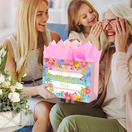 HEYINSHEN Happy Mother's Day Gift Bags with Handles 13" Large Horizontal Gift Bag with Tissue Paper Floral Pink Paper Wrap bags for Mother's Day Gifts Party Decorations Supplies for Mom Grandma Wife