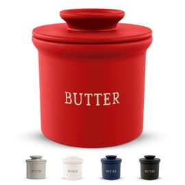 Kook Butter Crock with Lid, Soft Spreadable Butter, Ceramic French Butter Keeper to Leave On Counter with Water Line, Butter Dish, Home and Kitchen Decor, Perfect for Christmas Gift (Red)