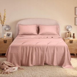 L Linen World King Sheets, Rayon Derived from Bamboo, Cooling Bed Sheets Set,Deep Pocket Up to 16", 4 Pieces Silky Soft, Breathable Bedding Sheets & Pillowcases(Pink,King)