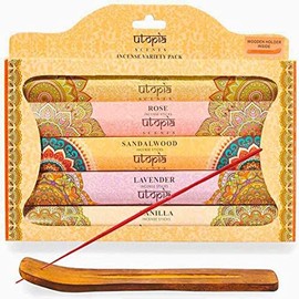 Utopia Scents Premium Quality Incense Sticks. Lavender, Sandalwood, Jasmine, Vanilla and Rose Aroma. Variety Gift Pack 75 Sticks, Includes a Free Holder