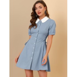 Allegra K Women's Vintage Peter Pan Collar Lace Up Button Down Dress Large Blue