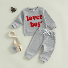 Nibbcoa Toddler Baby Boy Valentines Outfit Love Embroidery Waffle Knit Sweatshirt Pants Set Cute Spring Fall Clothes (Gray, 18-24 Months)