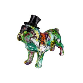Casablanca Decorative Animal Figure Street Art - Pug Dog Figure with Hat and Glasses - Made of Resin - Colour: Multicoloured, Height 24 cm Length 27 cm