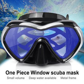 Scuba Diving Mask Anti-Fog Panoramic Snorkel Goggles, Adult Mirror Swim Mask Single Lens Swim Goggles wIith Nose Cover for Diving, Snorkeling, Swimming (Black-Blue Lens)