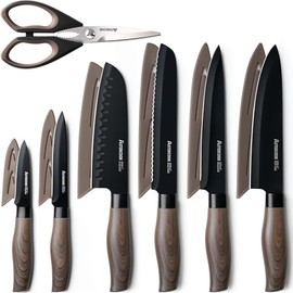 Astercook Juego de cuchillos de cocina de 13 piezas con 6 protectores de cuchilla, revestimiento negro antioxidante y antiadherente, cuchillos de acer