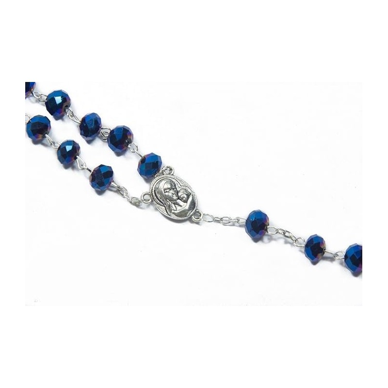 Deep Blue Crystal Beads Rosary Catholic Necklace Holy Soil Medal
