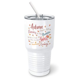 PixiDoodle Poem Autumn Tumbler with Spill-Resistant Slider Lid and Silicone Straw - Thanksgiving Apple Fall Leaves (30 oz Tumbler, White)