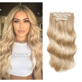 Meiverah Curly Wavy Hair Clip in Hair Extensions, 180G 20IN 4Pcs Curly Wavy Clip on Synthetic Hair Extension Hairpieces (20in, Brown Mixed Blonde, 27/613#)