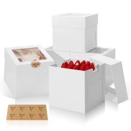 COTOPHER 5Pcs 8x8x8 Inches Cake Boxes, Square Bakery Boxes with Window, Cajas Pasteles for Valentine's Day, Mother's Day,Wedding, Birthday, Party Cake Decorating Supplies for Gift Giving