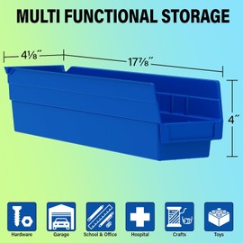 Akro-Mils 30128 Plastic Shelf Bins, Heavy Duty Storage Bins for Garage, Closet, and Drawer Organization, 18-Inch x 4-Inch x 4-Inch, Blue, 12-Pack