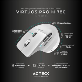 Acteck Mouse Ergonomico VIRTUOS Pro MI780 3000dpi Inalambrico 8 Botones Blanco AC-936194