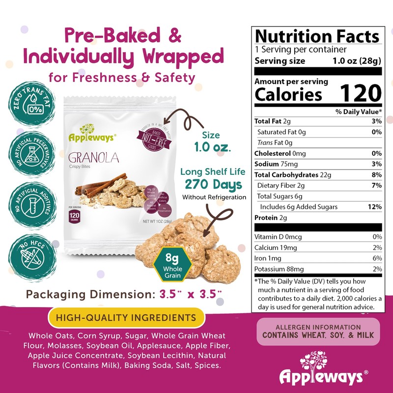 Appleways Granola Crispy Bites, All-Natural Individually Wrapped Whole Grain Granola