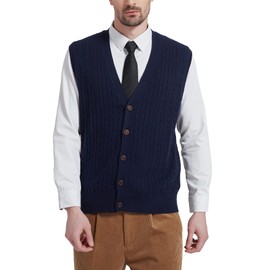 Kallspin CHAUDER Mens Relaxed Fit V Neck Fishmen Vest Cardigan Cashmere Wool Blend with Button (Navy Blue, XXL)