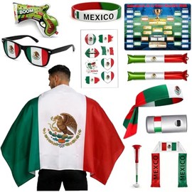 12 PCS Aficionados al Fútbol para Copa Mundial 2026 México,Incluye Bufanda,Gafas,Pulsera,Bandera Mexicana,Accesorios Aplaudir y Pintura Facial, Pegati