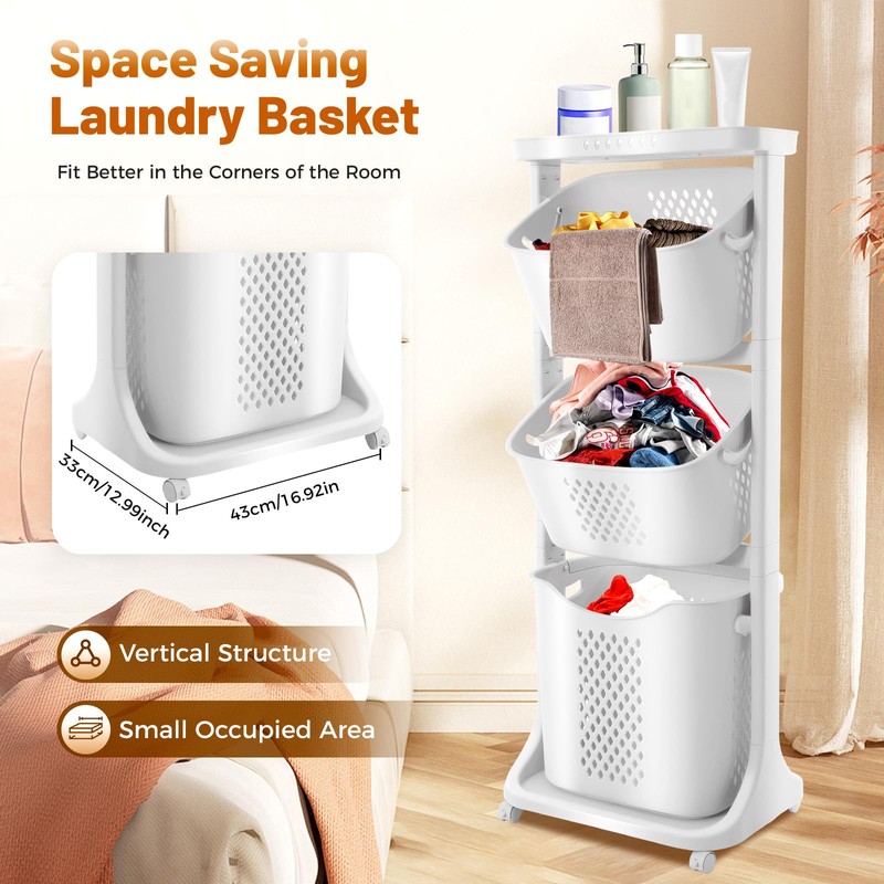 OLKKEFT 3 Tier Rolling Laundry Basket, Stacked Laundry Basket Organizer,
