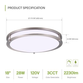 ASD LED 18" Round Flush Mount Lighting, Close to Ceiling Light Fixture | 3CCT, Dimmable, Energy Star, ETL Listed | 28W 2250LM 3000-5000K 120V | Low Profile Double Ring Lamp | Nickel, 2 Pack