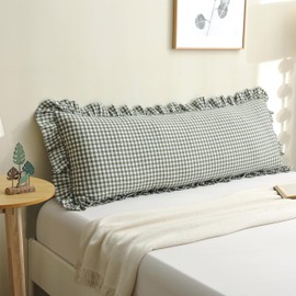 Jilboo Vintage Gingham Ruffled Pillow Sham 20x54 Inches - Sage Green/White Plaid Farmhouse Decor | 100% Washed Cotton Checkered Body Pillow Cover for Bed, Sofa, Couch (1pc)