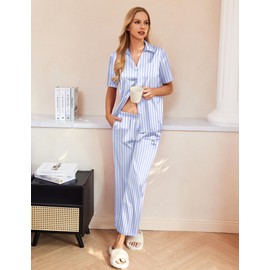 Ekouaer Womens Silk Satin Pajamas Set Button Down 2 Piece Pjs Wide Leg Long Pants Sleepwear Lounge Set with Pockets