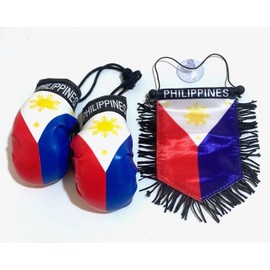 Philippines Flag Car Rearview Mirror Hanging with Boxing Gloves Combo Set - Filipino Pride Decoration