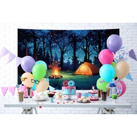 5X3FT Fabric Camping Backdrop Forest Scene Camping Party Background Travel Mountains Adventure Holiday Vacation Birthday Decoration Banner Night Stars Campfire Forest Photo Shoot Props