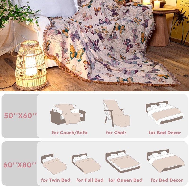 WOFNA Boho Butterfly Throw Blanket 60"x80" Twin Size Bed Blanket,100%