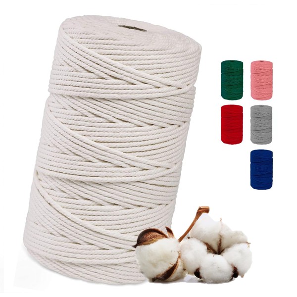 Macrame Yarn 3 mm x 100 m, 3 mm x 200 m, 4 mm x 200 m, Cotton Yarn for DIY Crafts, Cotton Cord for Knitting, Cotton Rope for Wall Hangings and Plant Hangers (Beige - 3 mm x 100 m)