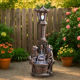 RockRain Frog Sculpture Outdoor Fountain: Rustic Garden Water Feature with LED Lights & Waterfall Flow - Handcrafted Resin Decor for Nature-Themed Patio Relaxation