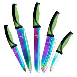 SiliSlick Kitchen Knife Set 5 Chef Quality Knives Titanium Coated Iridescent Stainless Steel Rainbow Blades & Ergonomic Handles Chef, Santoku, Bread, Steak/Utility and Carving Knife (Green Handle)