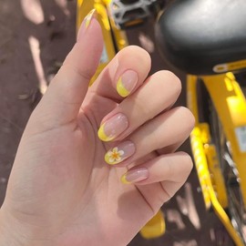 MERVF Oval Press on Nails Medium Fake Nail Yellow French Tip Round Glue ons Nail Flower Summer Acrylic False Supplies Art DIY Glossy 24pcs