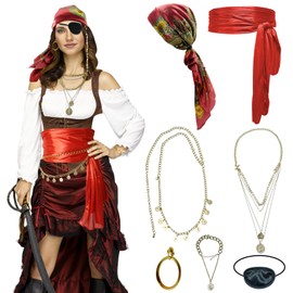 Womens Pirate Costume Accessories Set Head Scarf Sash Chain Belt Necklace Eye Patch for Adult Red