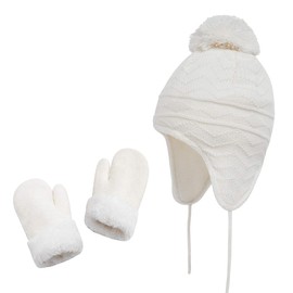 Kids Hats and Gloves Set Girls Toddler Baby Winter Hat Mitten Knit Earflap Beanie Warm Fleece Cap White