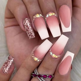 24Pcs White French Tip Press on Nails Long Coffin Glossy Fake Nails with Rhinestone Designs Pink Glitter Powder Full Cover False Nails with Glue Acrylic Artificial Nails Stick on Nails For Women Girls