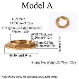 Flange Hex Nuts, Brass Lock Nut with G1 DN25 Female Thread, Plumbing Pipe Fittings Accessories [pack of 2]