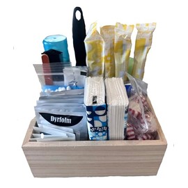 With You in Mind, inc - Restroom Amenity Basket - Women/Micro - 25 or Less Guests (Unfinished Wooden Box)