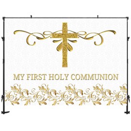 My First Holy Communion Photography Backdrop Gold Glitter Cross Gold Bless Baptism Background White Table Banner Props Vinyl (7ft×5ft)