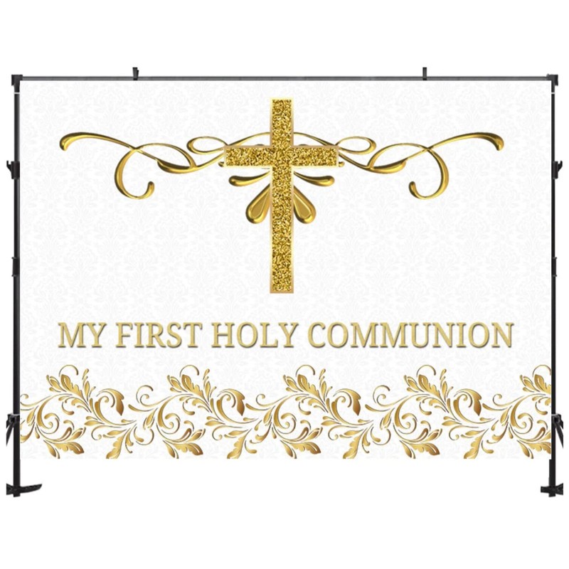 My First Holy Communion Photography Backdrop Gold Glitter Cross Gold