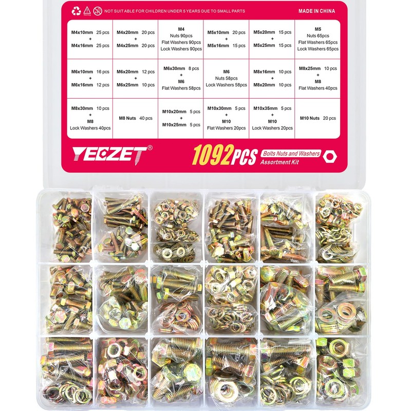 YEEZET 1092pcs M4 M5 M6 M8 M10 Metric Bolts and