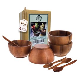 BestySuperStore Set of 4 Small Round Acacia Wooden Bowls 5 Inch Diameter With Spoons - Stackable Mixing Bowl for Salad Soup Snack Salsa Dip Sauce Charcuterie Wood Tableware Sets for Decor and Serving