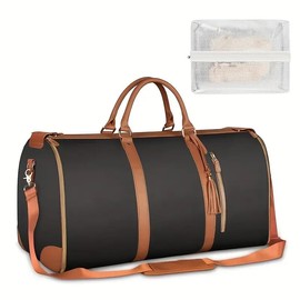 Large Travel Duffel Bag, Black with Brown Leather Trim, Weekend Carry-On with Shoulder Strap and Laundry Bag