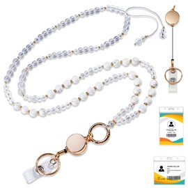 Lanyard with Card Holder, Natural Stone Beaded Lanyard for Women - Adjustable Retractable ID Holder with Keychain, Durable Necklace for Teachers, Nurses, Cruise & Office