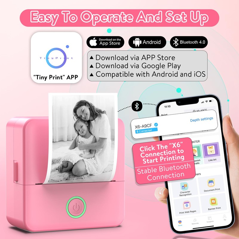 HUIJUTCHEN Mini Printer, Portable Inkless Label Maker Wireless Bluetooth Photo