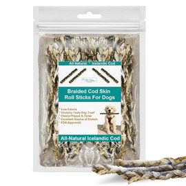 Ocean Tides Braided Icelandic Atlantic Cod Fish Skin Treats for Dogs and Cats Dried Lean Crunch Sticks Chews