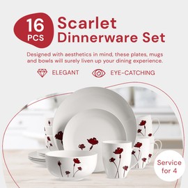Safdie & Co. - Scarlet Plates and Bowls Sets, Modern Dinnerware Set, Kitchen Dinnerware Sets, Indoor and Outdoor Plates, 16-Piece Kitchen Plates and Bowls Set with Mugs, Dishwasher Safe