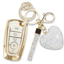Simocky Key Fob Cover with Diamond Keychain, Compatible with Ford Explorer Fusion Edge Expedition F150 F250 F350 F450 F550 Maverick Mustang Car Key Shell (5 Buttons-Gold Heart)